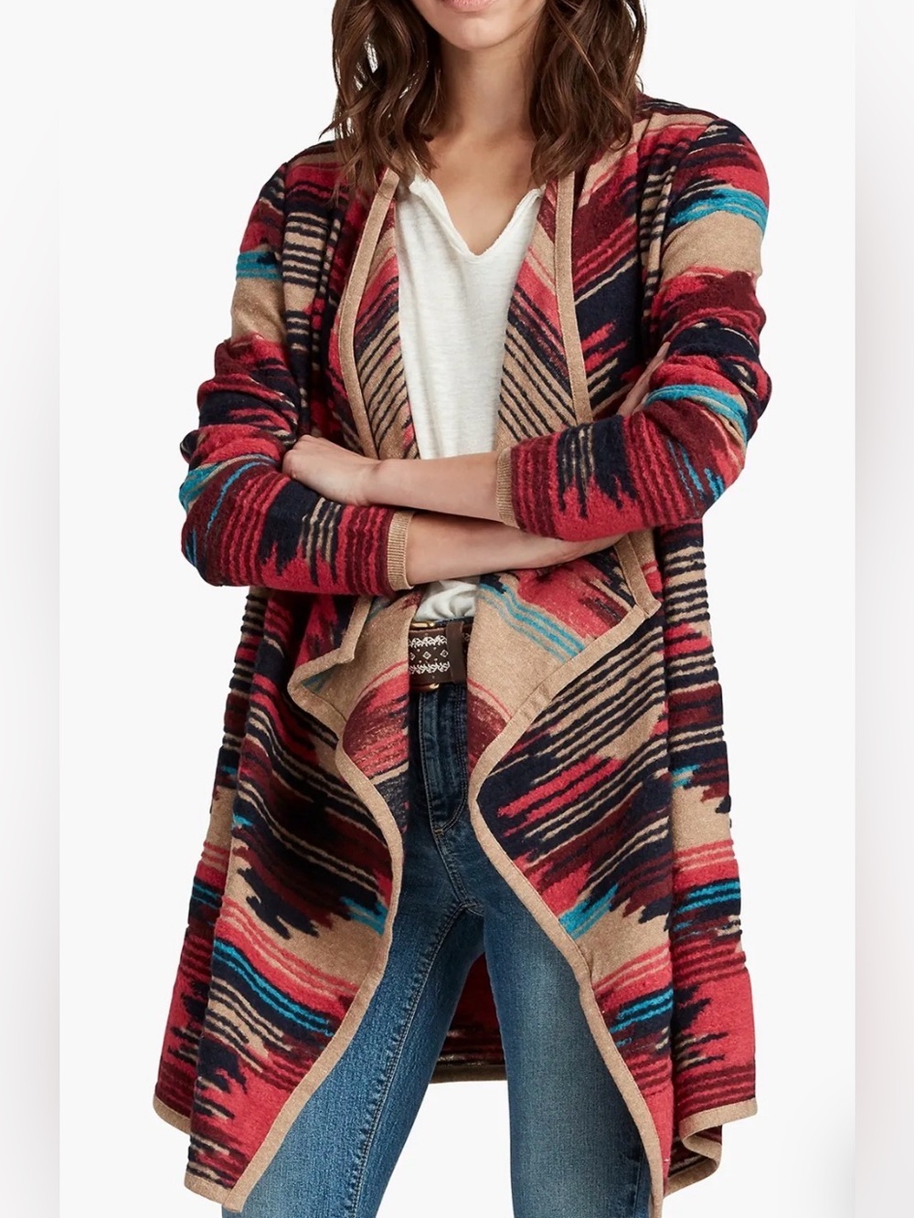 Lucky Brand 1X Southwestern Aztec Draped Cardigan Boho Tribal Open Front
